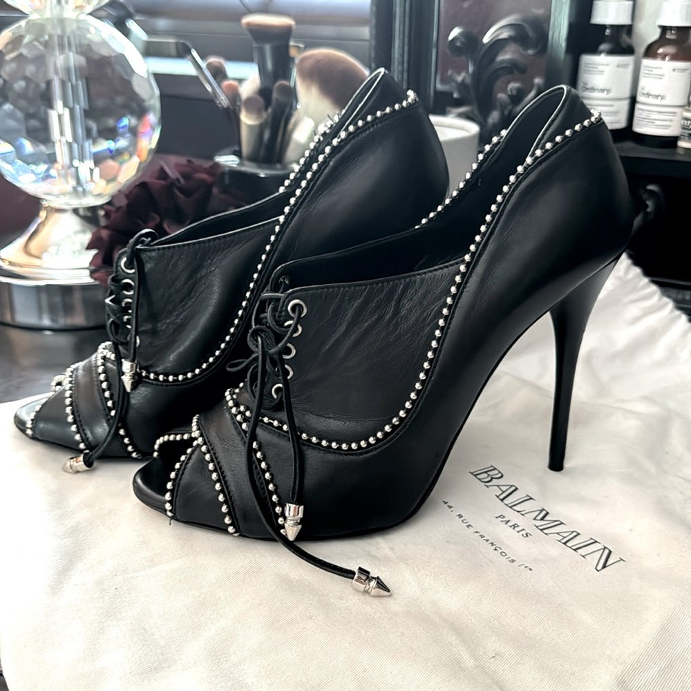 Balmain Studded Leather Lace-Up Booties